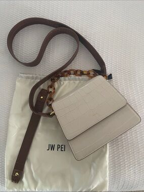 JW PEI Cream Croc-Embossed Crossbody with Brown Strap and Tortoiseshell Chain